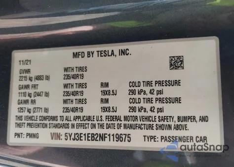 2022 Tesla Model 3 Long Range Dual Motor All-Wheel Drive z USA, uszkodzony, nr VIN 5YJ3E1EB2NF119675